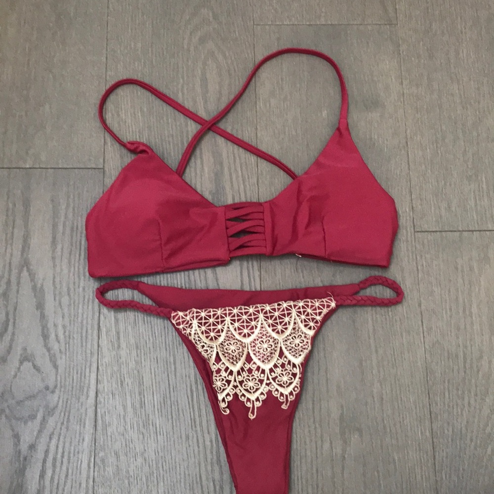 Red lace cheeky bikini